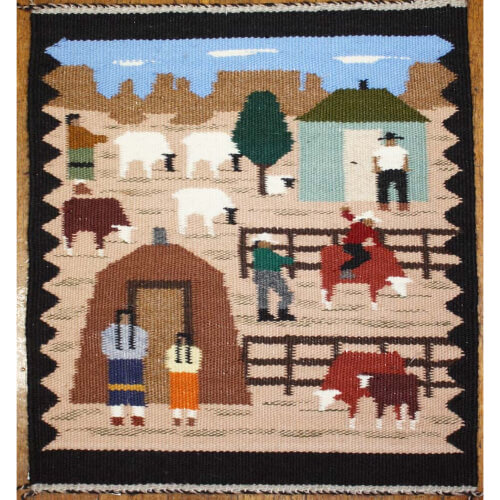 A woven tapestry depicting rural village life with people, animals, and houses.