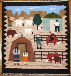Woven tapestry depicting rural life with people, animals, and houses.