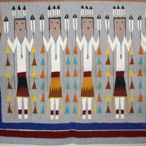 Traditional indigenous painting depicting ceremonial figures in colorful attire.