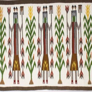 Traditional tribal artwork depicting human figures and plants in earthy colors.