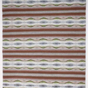 Fabric featuring horizontal stripes with wavy, multicolored patterns.